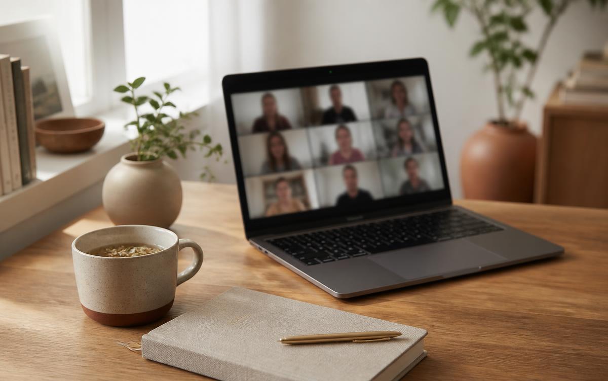 Laptop mit Zoom-Gruppensession auf einem Schreibtisch, die Intensivgruppe findet online statt